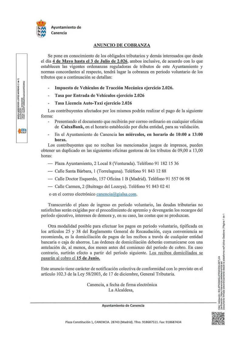 Canencia anuncia el periodo de cobro del IVTM, vados y licencia de auto-taxi para 2026
