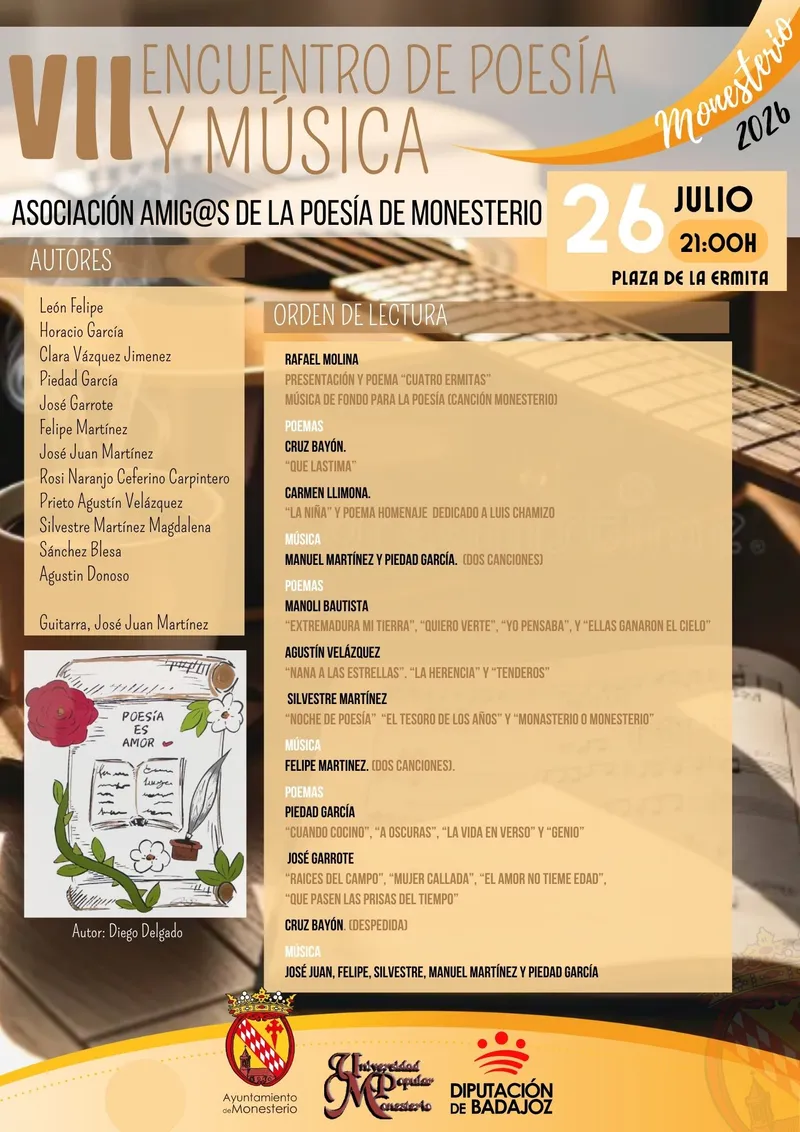 Monesterio celebra el VII Encuentro de Poesía y Música el 26 de julio