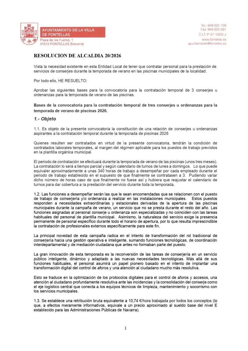 Fontellas busca conserjes y ordenanzas para la temporada de piscinas