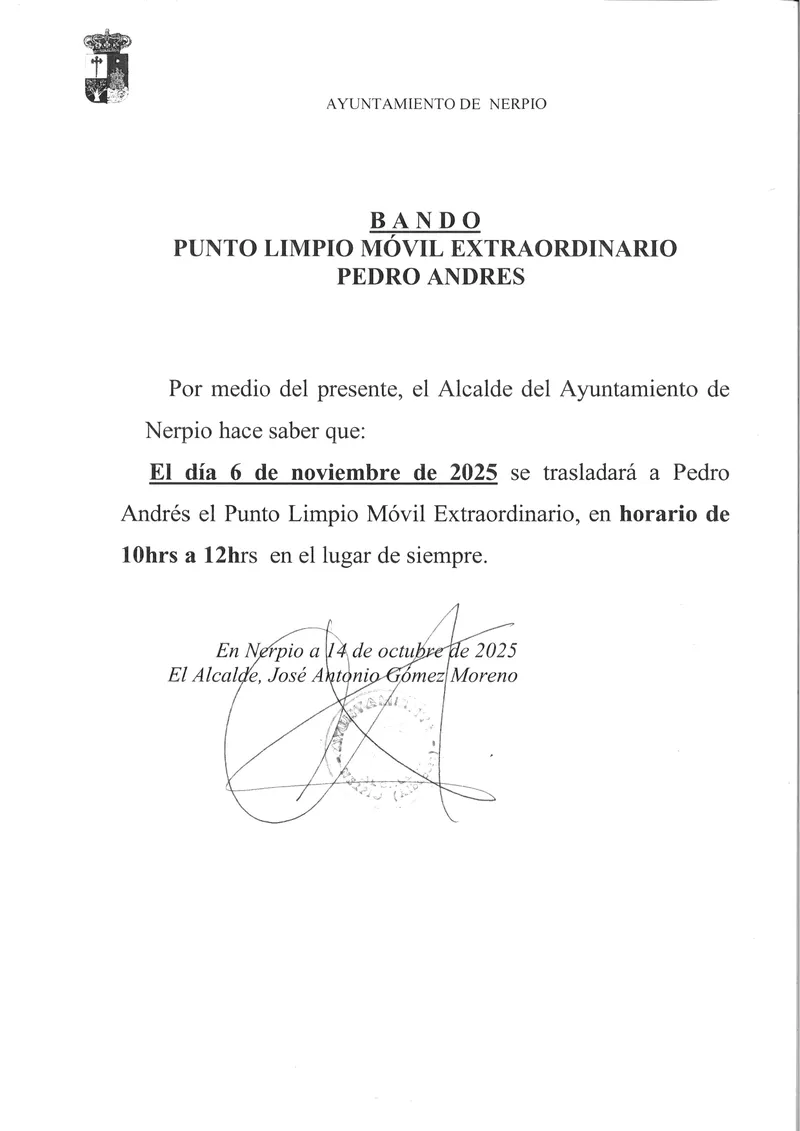 El Punto Limpio Móvil Extraordinario visita Pedro Andrés el 6 de noviembre