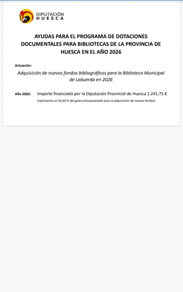 Labuerda recibe 1.241 € de la Diputación para dotación bibliográfica