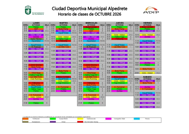 Horarios de la Ciudad Deportiva de Alpedrete para octubre de 2026