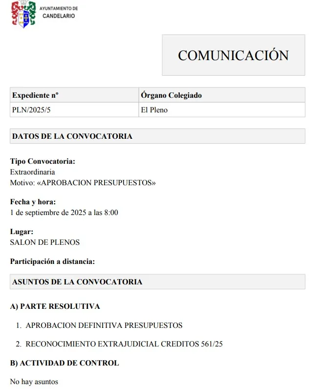 Candelario convoca pleno extraordinario para el 1 de septiembre