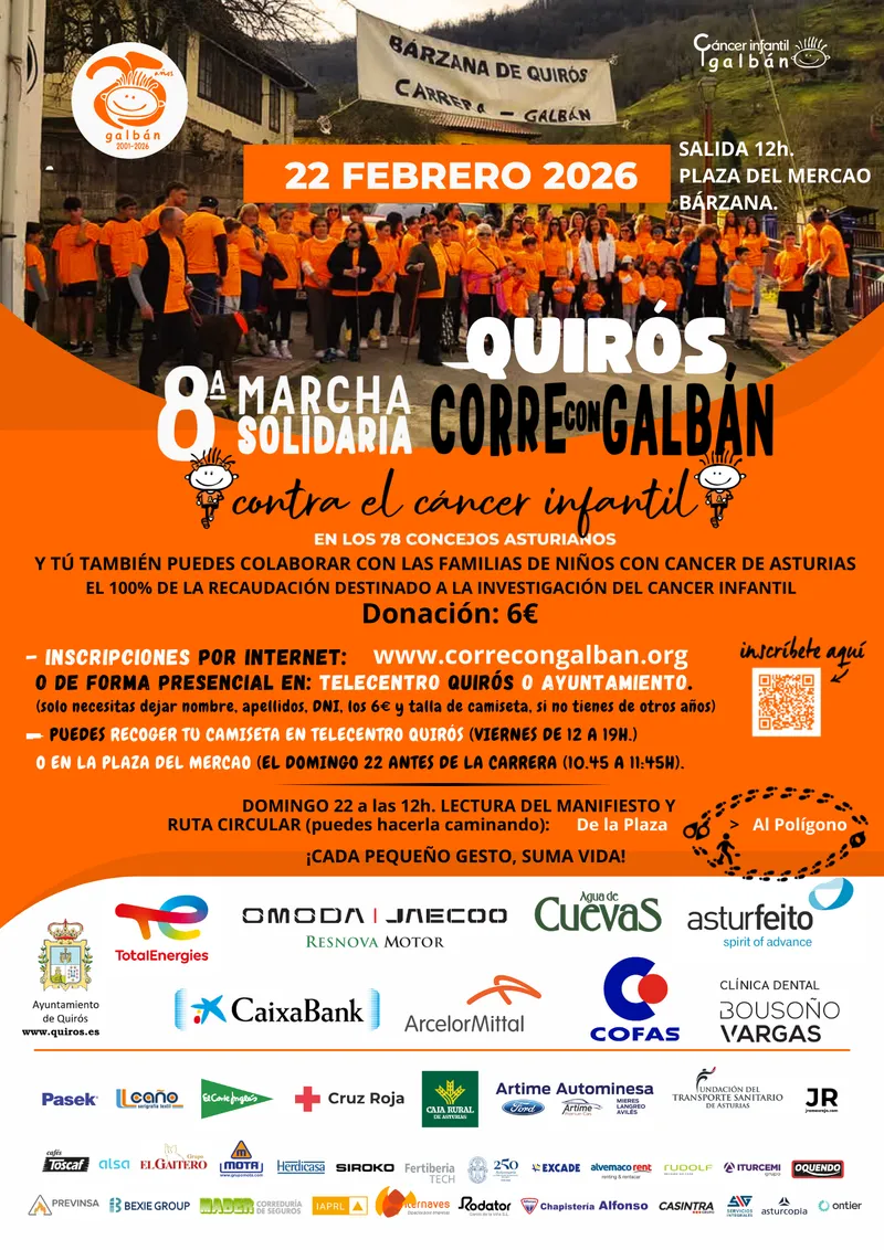 Quirós se prepara para la Marcha Solidaria 'Corre con Galbán 2026' contra el cáncer infantil