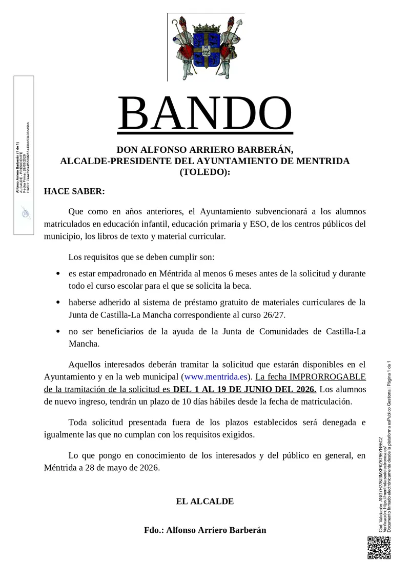 Méntrida abre el plazo para solicitar becas de libros y material escolar