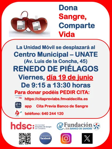 Unidad móvil de donación de sangre visita Renedo de Piélagos este viernes