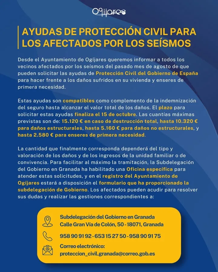 Ogíjares abre el plazo para solicitar ayudas del Gobierno por los seísmos de agosto