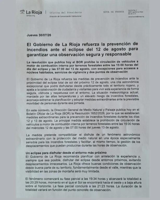 La Rioja implementa medidas de seguridad por el eclipse total de Sol del 12 de agosto