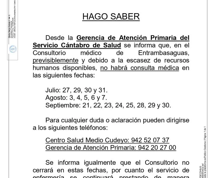 Entrambasaguas: Consultorio médico cerrado por vacaciones en verano
