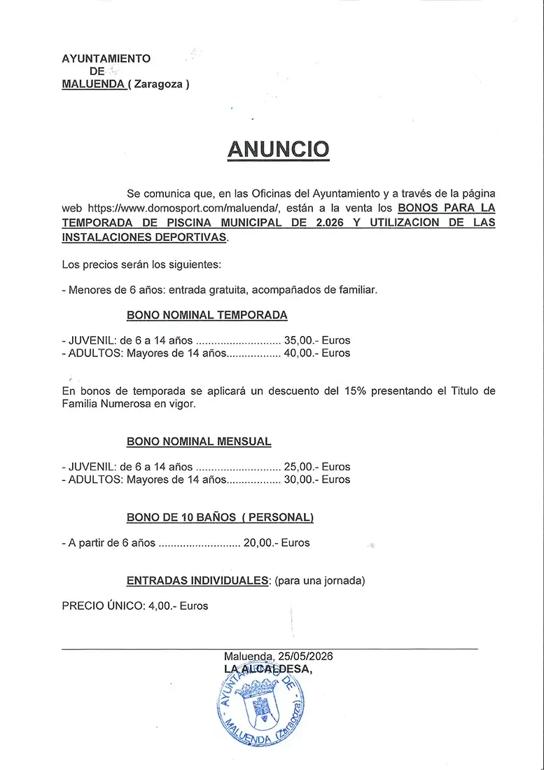 Maluenda abre la venta de bonos para las piscinas municipales y la barra de fiestas