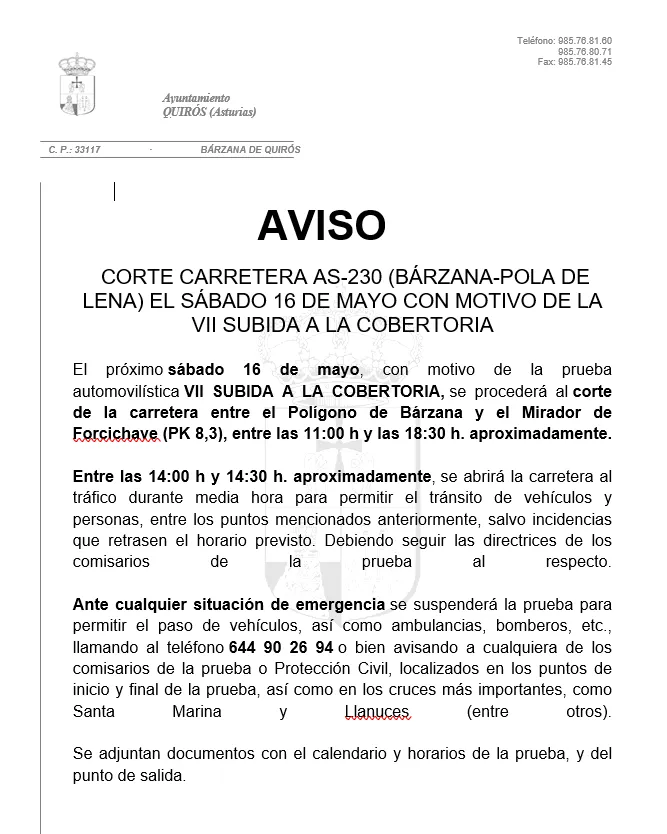 Cortes en la AS-230 por la VII Subida a La Cobertoria el sábado 16 de mayo