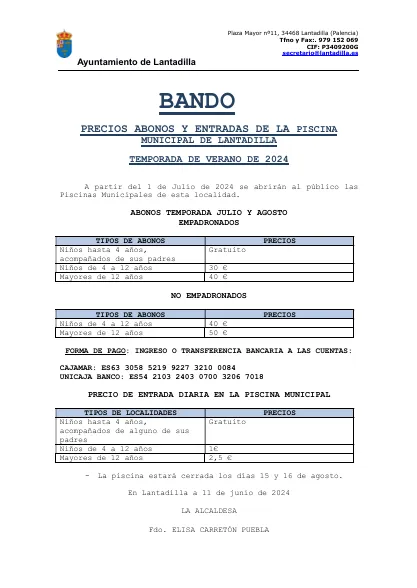 Lantadilla fija los precios de la piscina municipal para el verano 2024