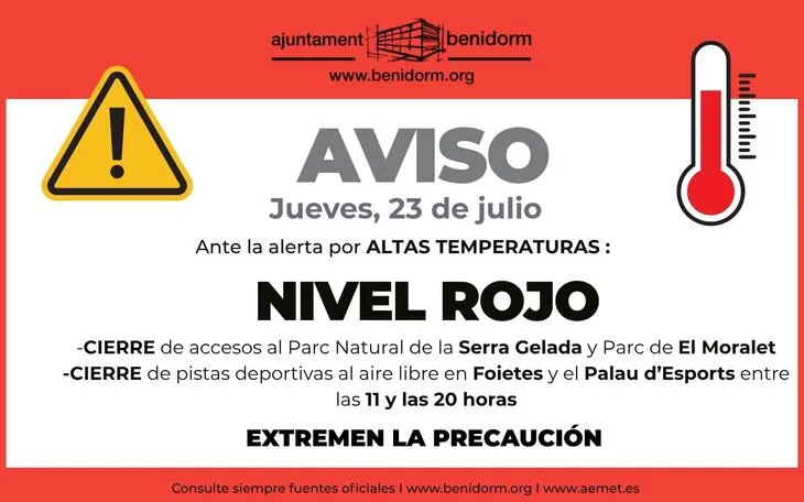 Benidorm cierra parques y suspende actividades deportivas exteriores por ola de calor y riesgo de incendio