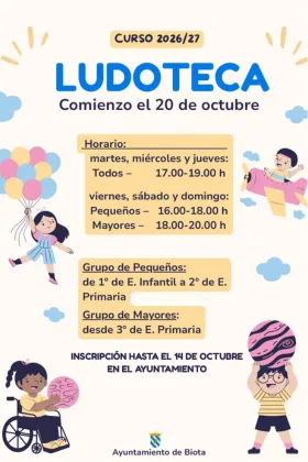 Biota abre inscripciones para la Ludoteca Municipal del curso 2026/27