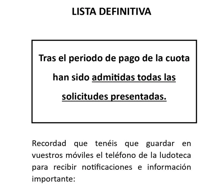 Publicada la lista definitiva de admitidos para la Ludoteca de Verano 2026