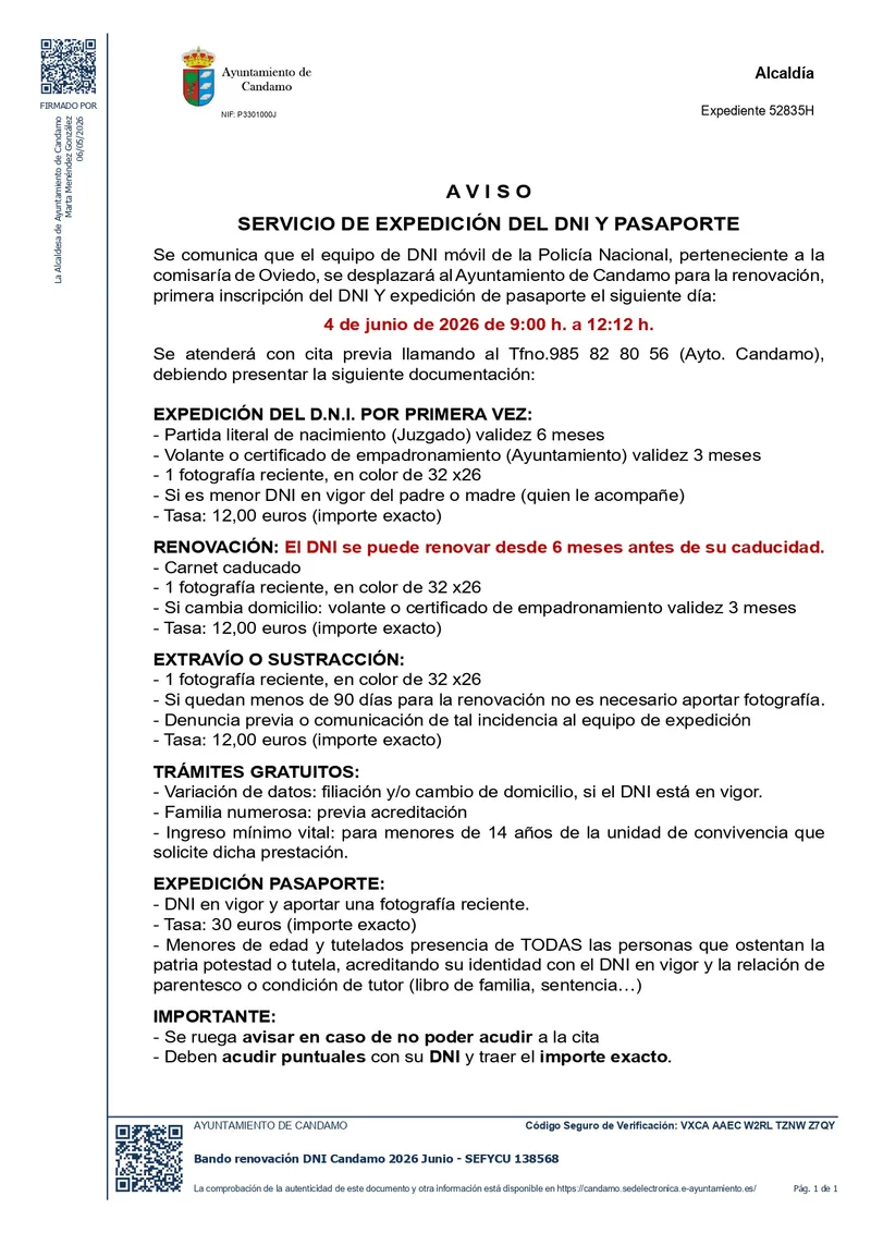 Candamo acoge la unidad móvil de expedición del DNI y pasaporte el 4 de junio