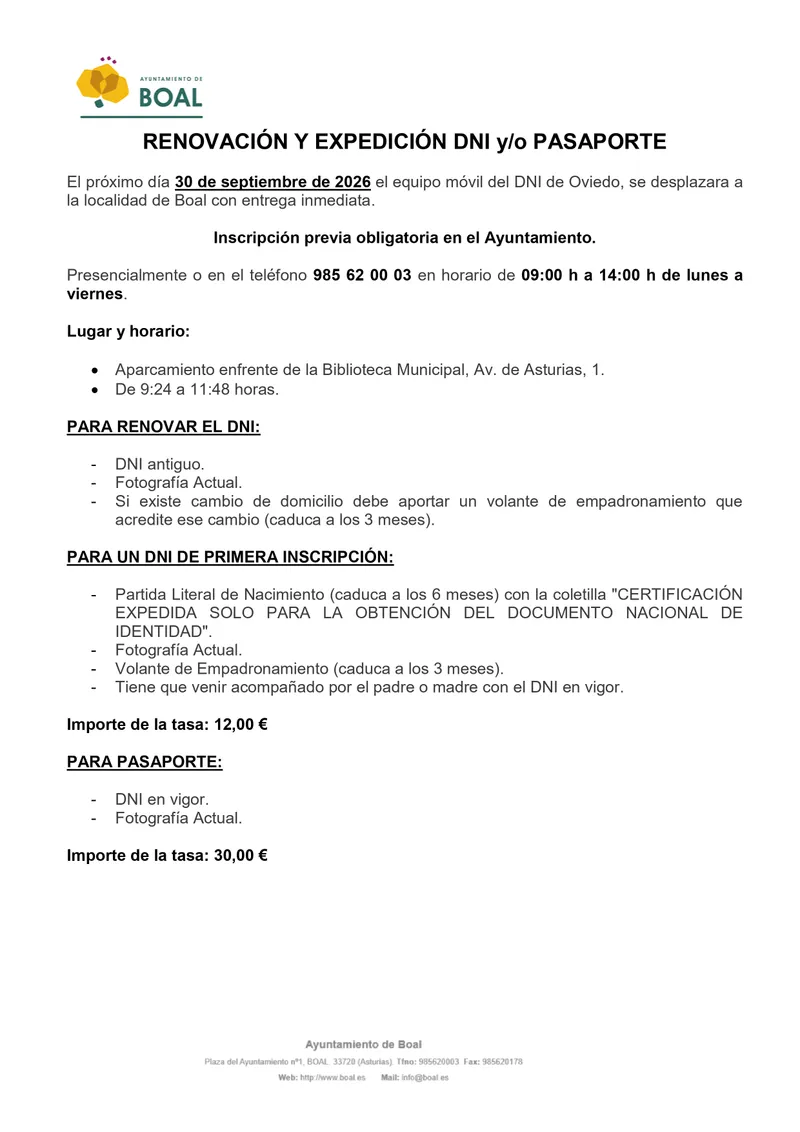 Boal acoge la expedición y renovación del DNI y pasaporte el 30 de septiembre