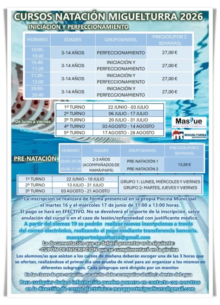 Miguelturra lanza cursos de natación de verano para todas las edades en la Piscina Municipal