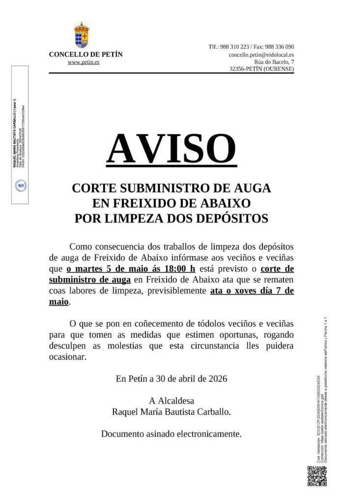 Corte de agua en Freixido de Abaixo por limpieza del depósito municipal
