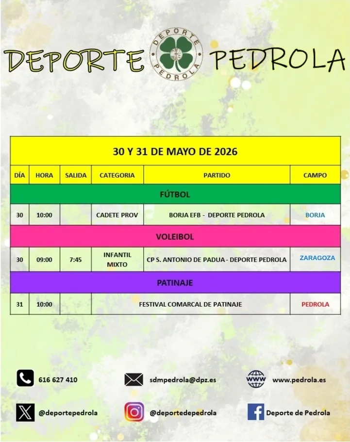 Pedrola anuncia los horarios de competición deportiva para el fin de semana del 30 y 31 de mayo