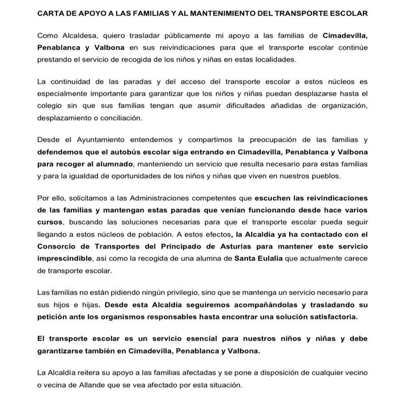 Allande reclama al Principado mantener paradas de transporte escolar en Cimadevilla, Penablanca y Valbona