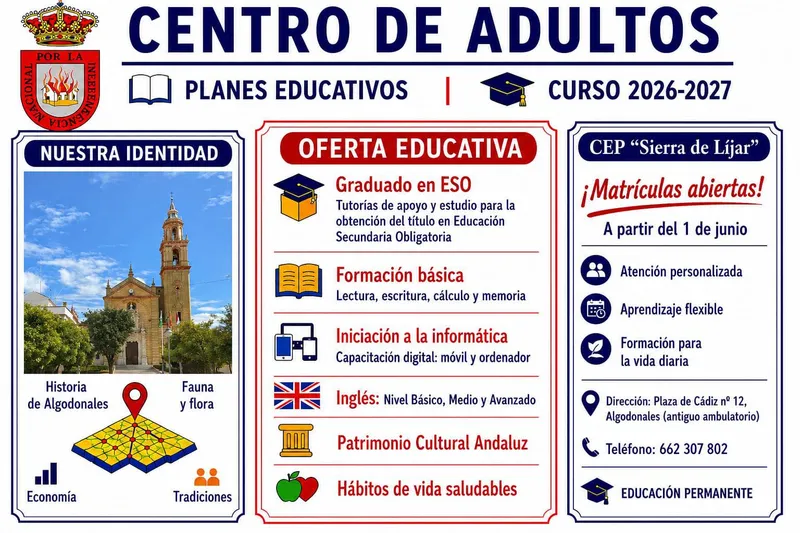 Algodonales abre la matrícula para el curso 2026-2027 en el Centro de Adultos