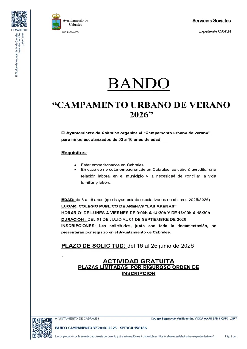 Cabrales abre el plazo para inscribirse en el campamento urbano de verano 2026
