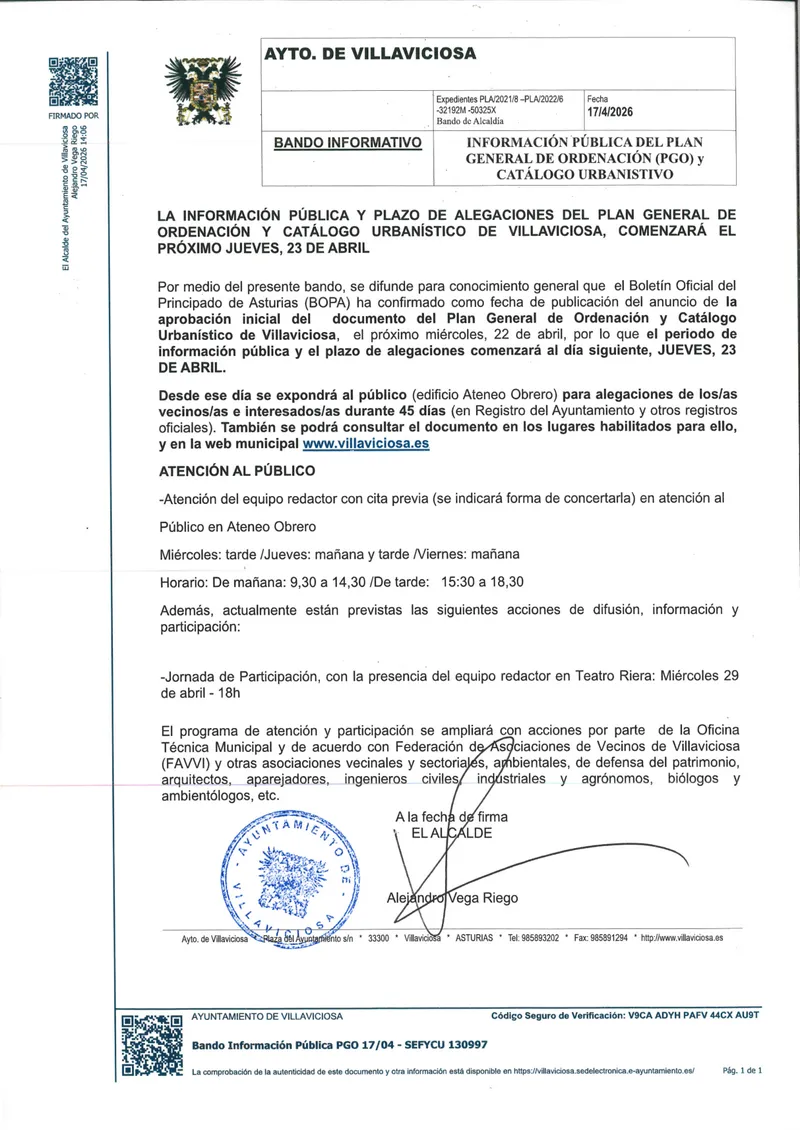 Villaviciosa aprueba el Plan General de Ordenación Urbana con un bando oficial