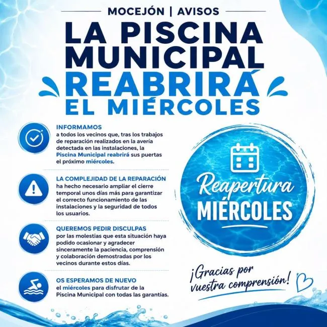 La Piscina Municipal de Mocejón reabre sus puertas este miércoles tras una avería