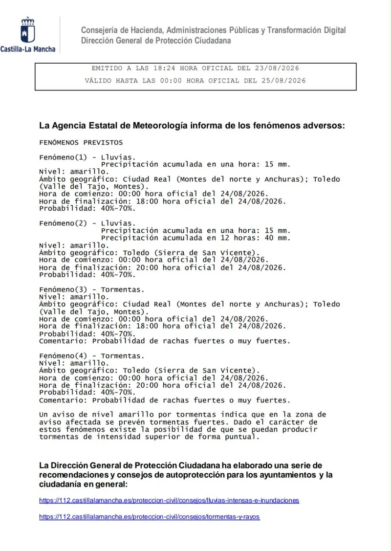 Alerta amarilla por lluvias y tormentas en Toledo y Ciudad Real este lunes