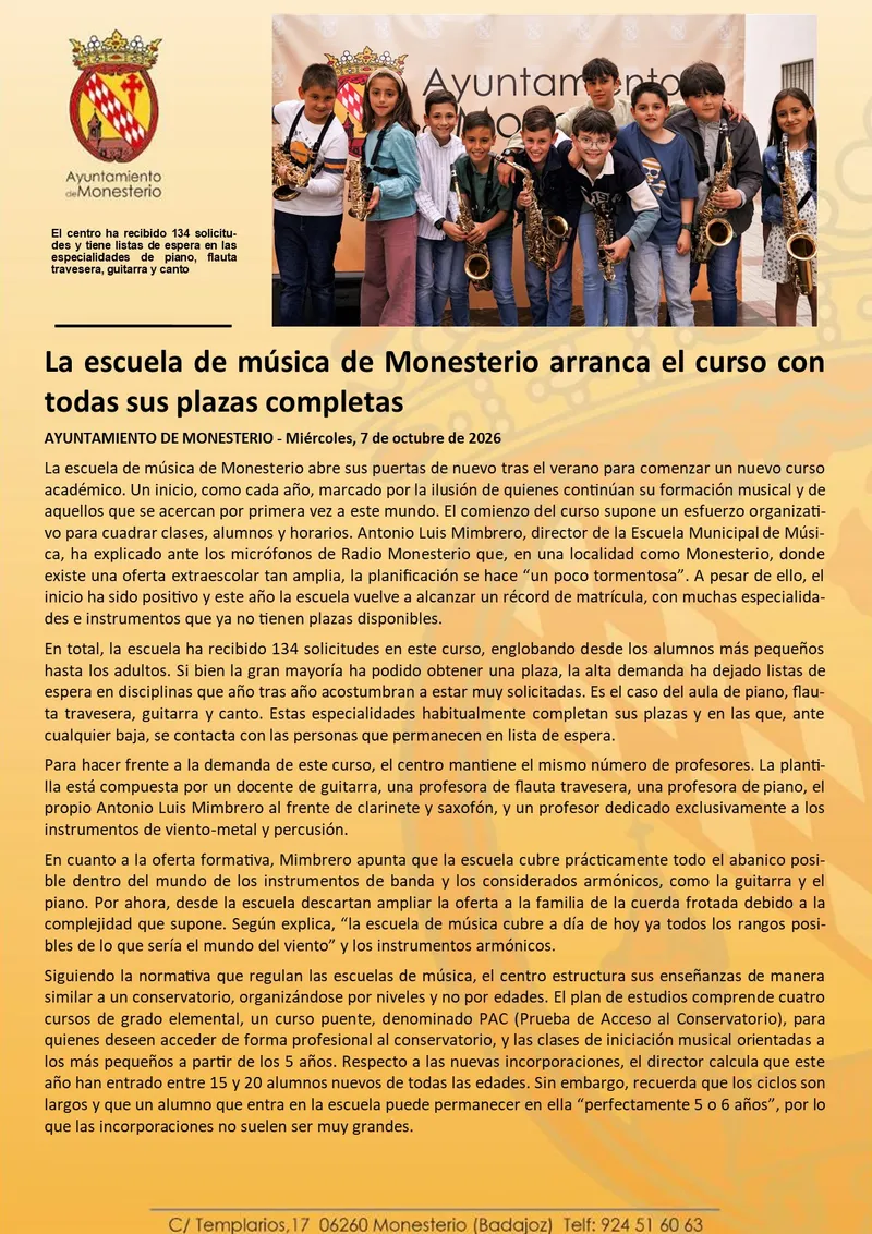La Escuela de Música de Monesterio completa su matrícula para el nuevo curso