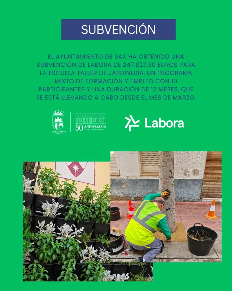 Sax recibe más de 247.000 euros de LABORA para su Escuela Taller de Jardinería