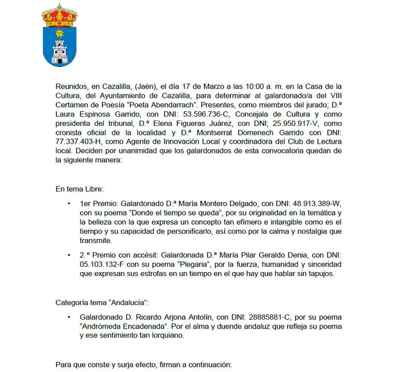 El VIII Certamen de Poesía "Poeta Abendarrach" de Cazalilla corona a sus ganadores