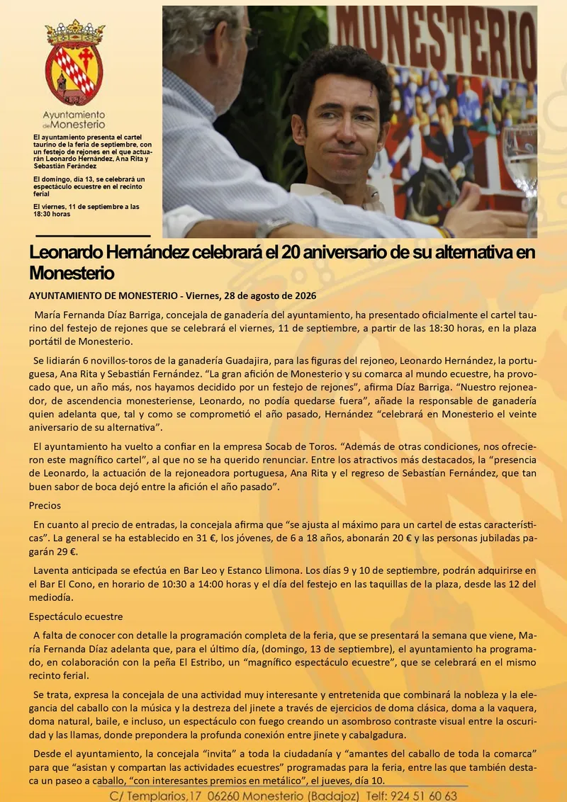 Leonardo Hernández celebra 20 años de alternativa taurina en Monesterio
