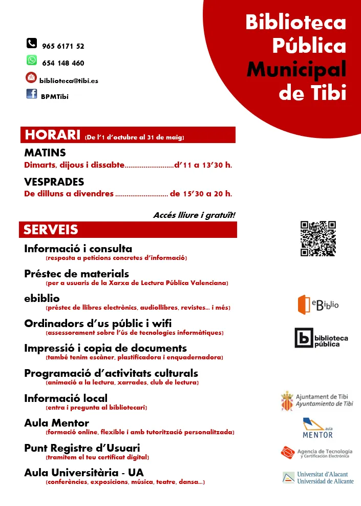 La Biblioteca Municipal de Tibi actualiza su horario y amplía servicios