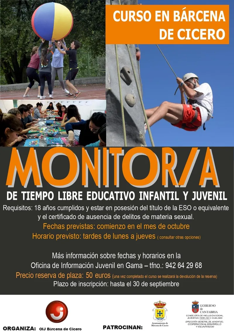 Bárcena de Cicero lanza curso gratuito de Monitor de Tiempo Libre para jóvenes