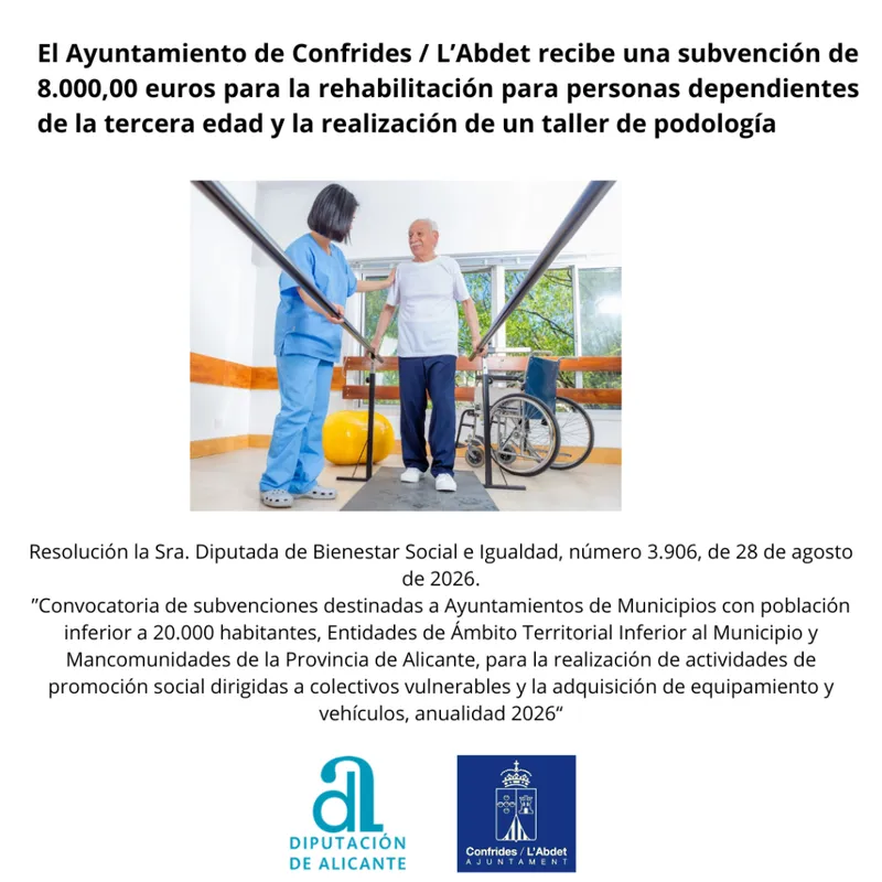 Confrides recibe 8.000 euros de la Diputación de Alicante para mejorar la atención a mayores y dependientes