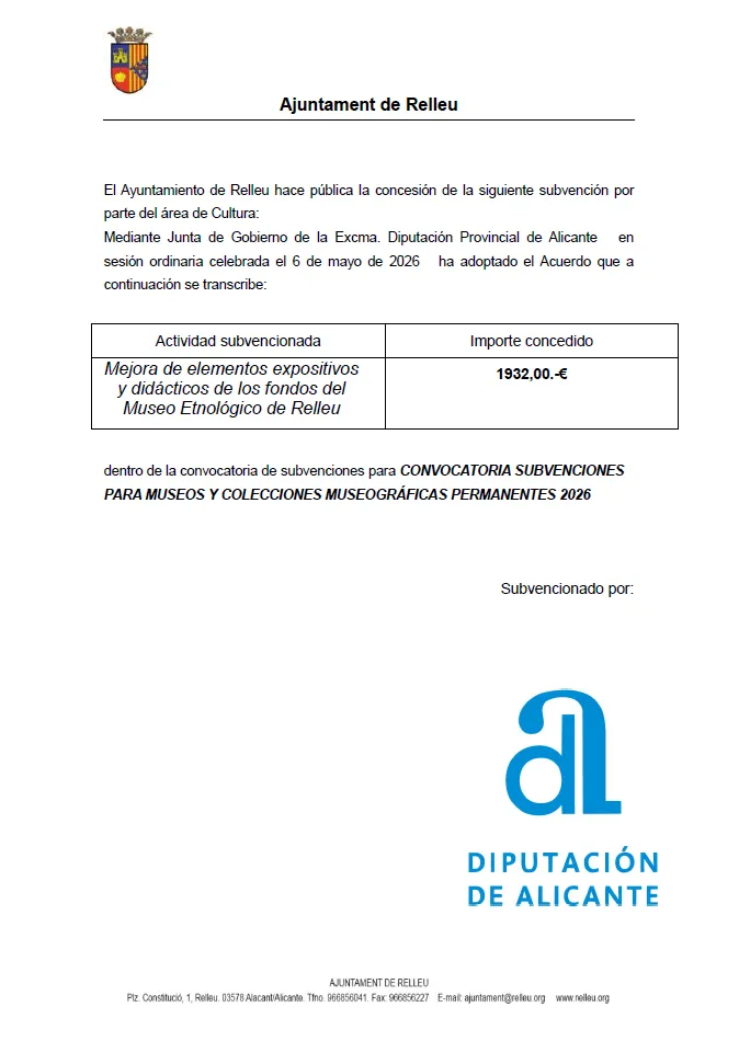 Relleu recibe una subvención para mejorar su Museo Etnológico