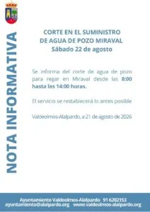 Valdeolmos-Alalpardo: Cortes de agua de pozo en Miraval este sábado