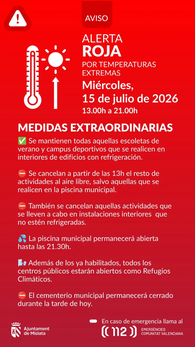 Alerta Roja en Mislata por temperaturas extremas: cancelan actividades al aire libre