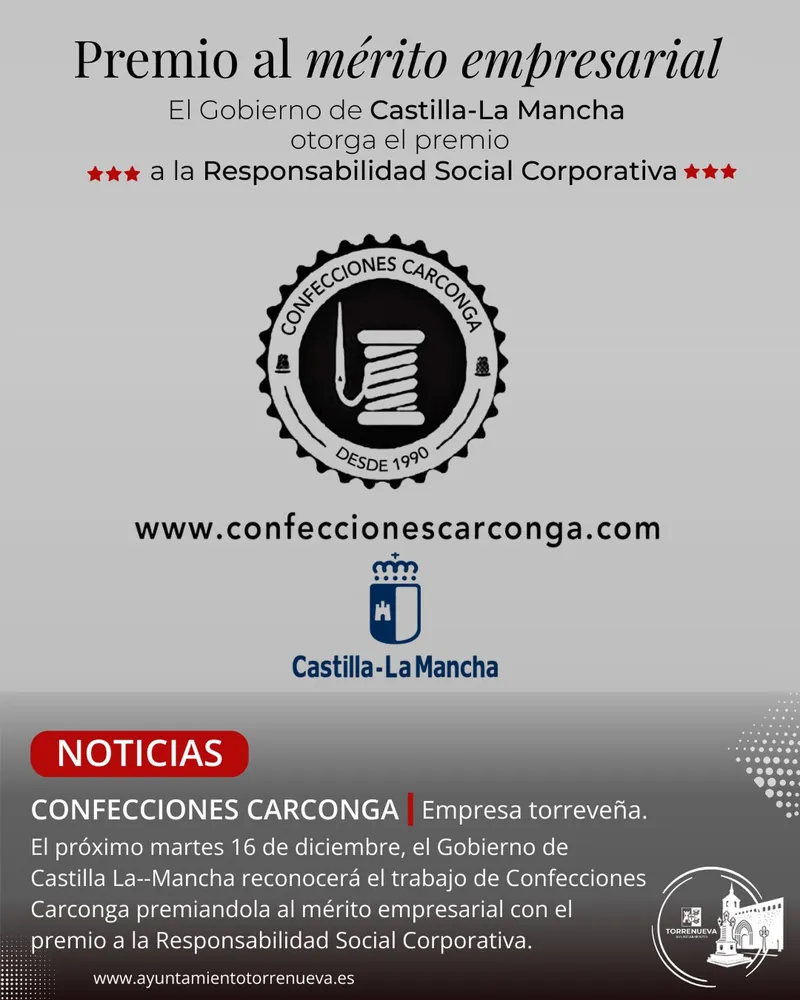Confecciones Carconga de Torrenueva, galardonada con el Premio al Mérito Empresarial de Castilla-La Mancha