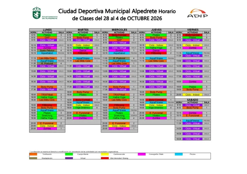 Horarios de la Ciudad Deportiva de Alpedrete del 28 de septiembre al 4 de octubre
