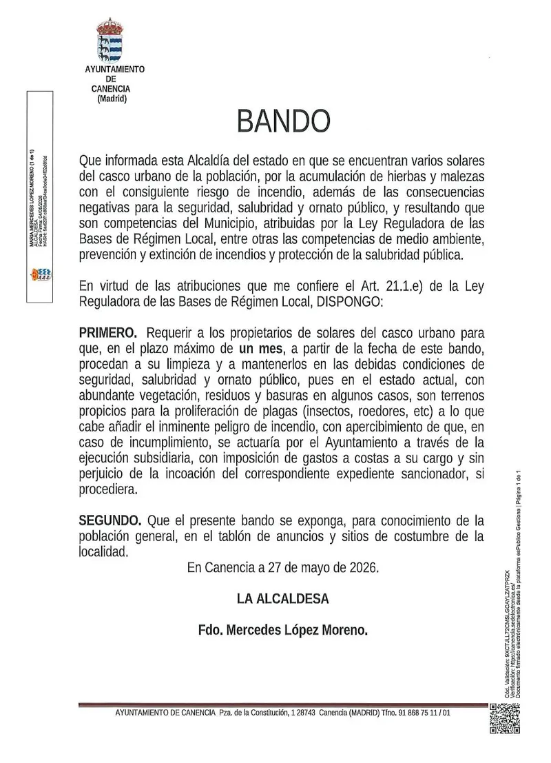 Canencia exige la limpieza y desbroce de parcelas para prevenir riesgos