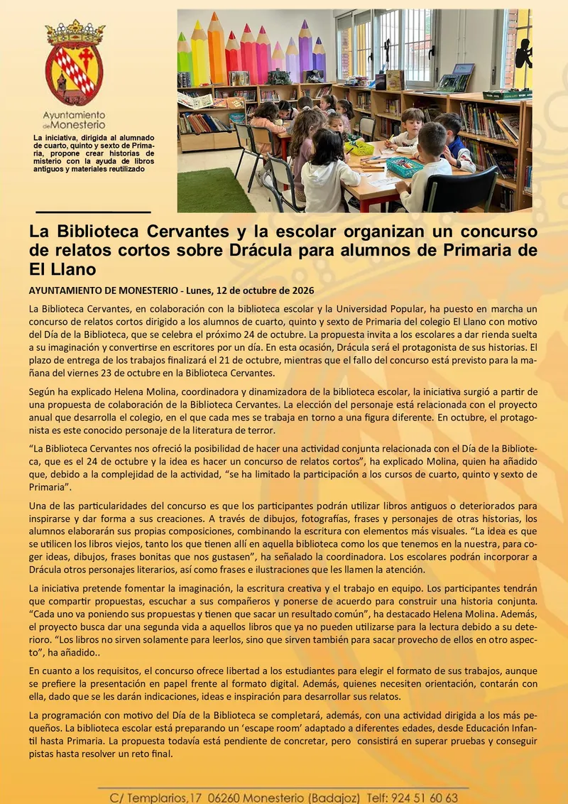 Concurso de relatos cortos sobre Drácula para escolares de El Llano
