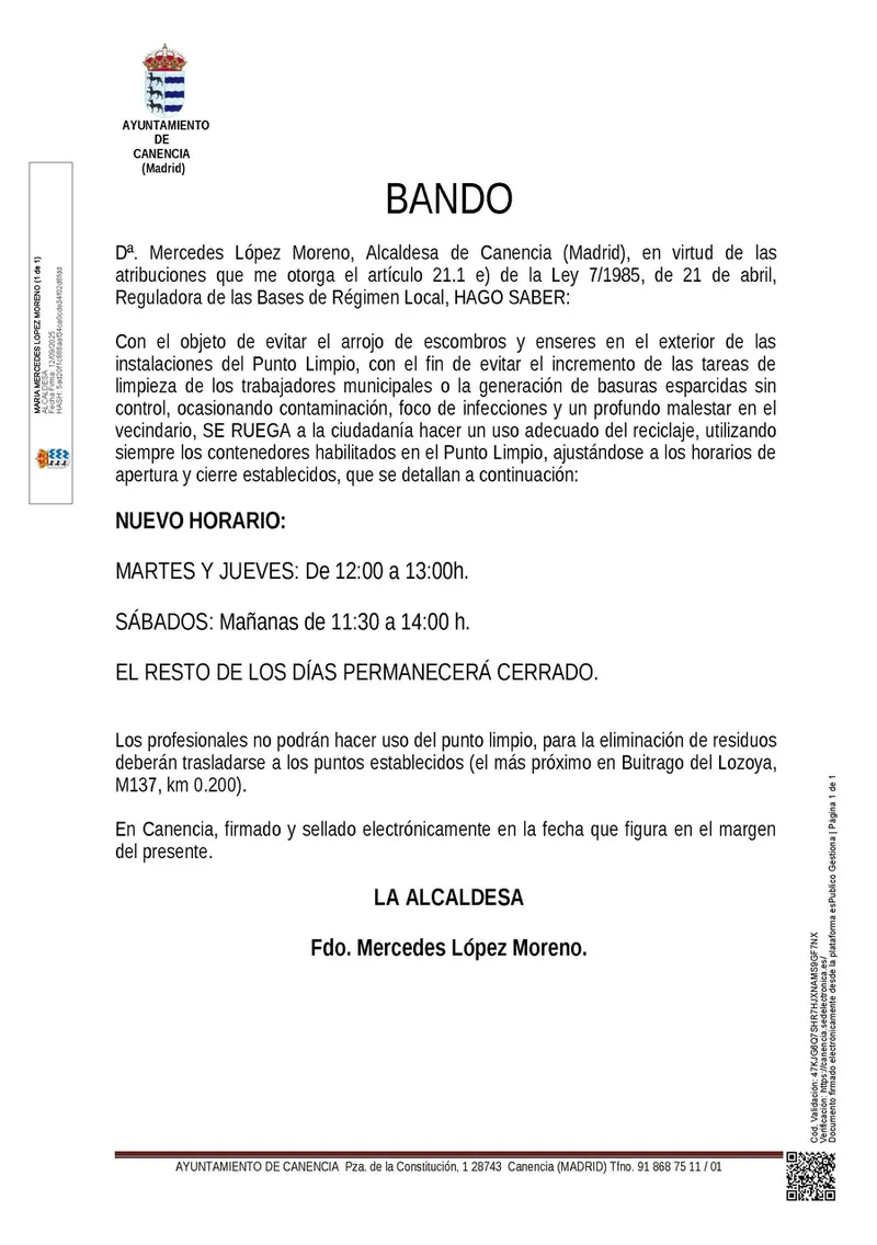 Canencia actualiza el horario de su Punto Limpio para mejorar el servicio a los vecinos