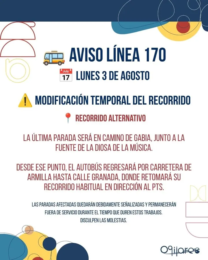 Cortes temporales en la línea 170 de autobús en Ogíjares por obras