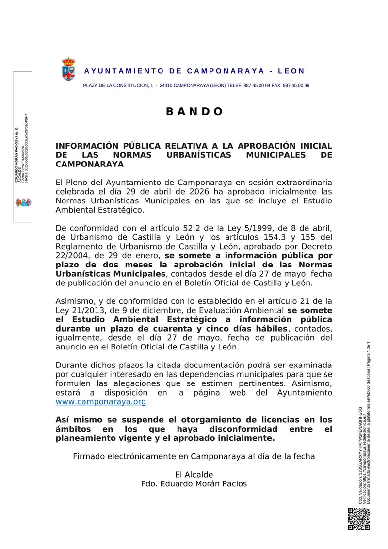 Camponaraya aprueba inicialmente las Normas Urbanísticas Municipales