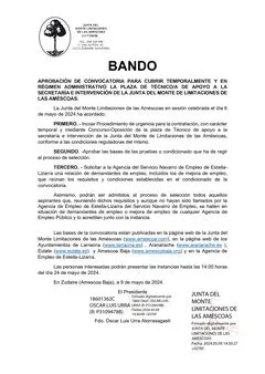 Junta del Monte de Améscoas convoca plaza de técnico de apoyo a secretaría e intervención