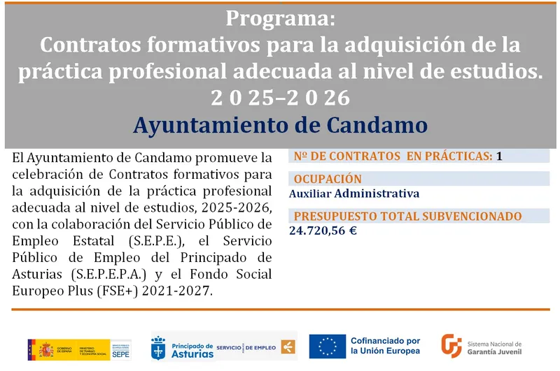 Candamo recibe 24.720 euros para contratos en prácticas cofinanciados por el Fondo Social Europeo