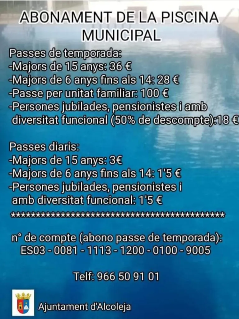Alcoleja abre la venta de abonos para la piscina municipal de verano 2024